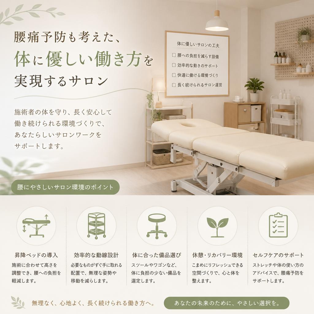 腰痛予防も考えた、体に優しい働き方を実現するサロン